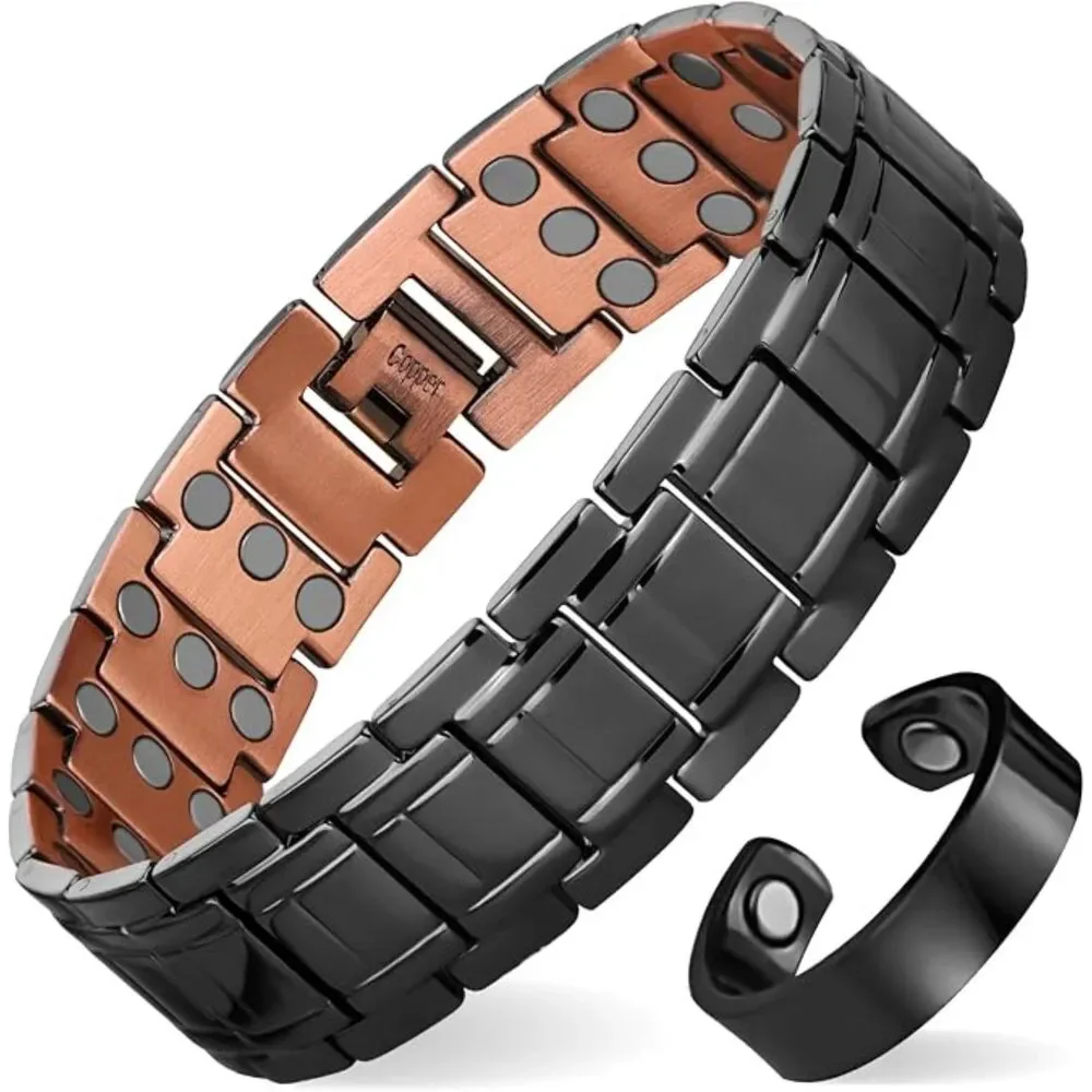 Men's 99.99% Pure Copper Magnetic Bracelet & Ring Set 9